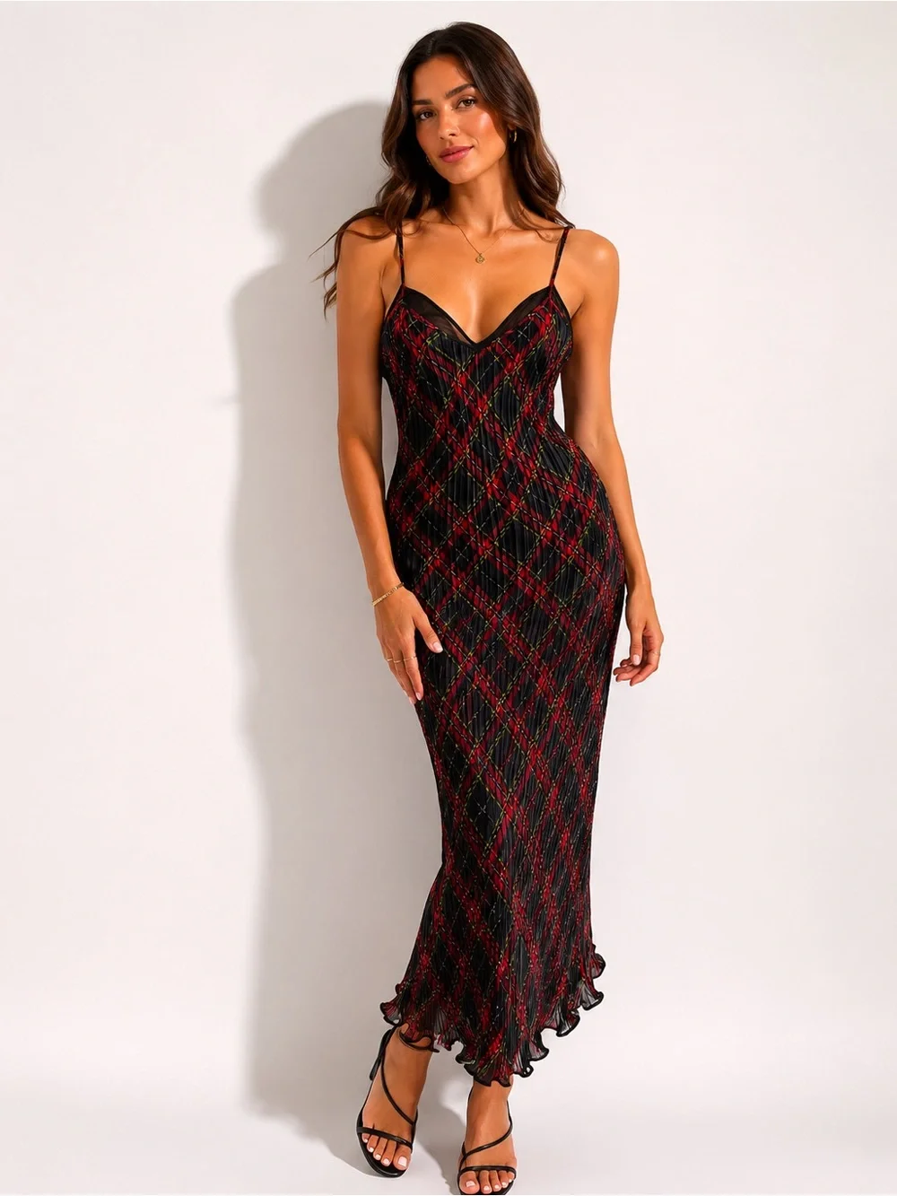 Polo Ralph Lauren Plaid Tartan Crinkle Pleated layered maxi dress SZ M / 8 / 10 - Picture 9 of 15
